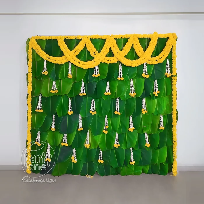 house warming services Authentic Marigold Banana Leaves Backdrop Decor