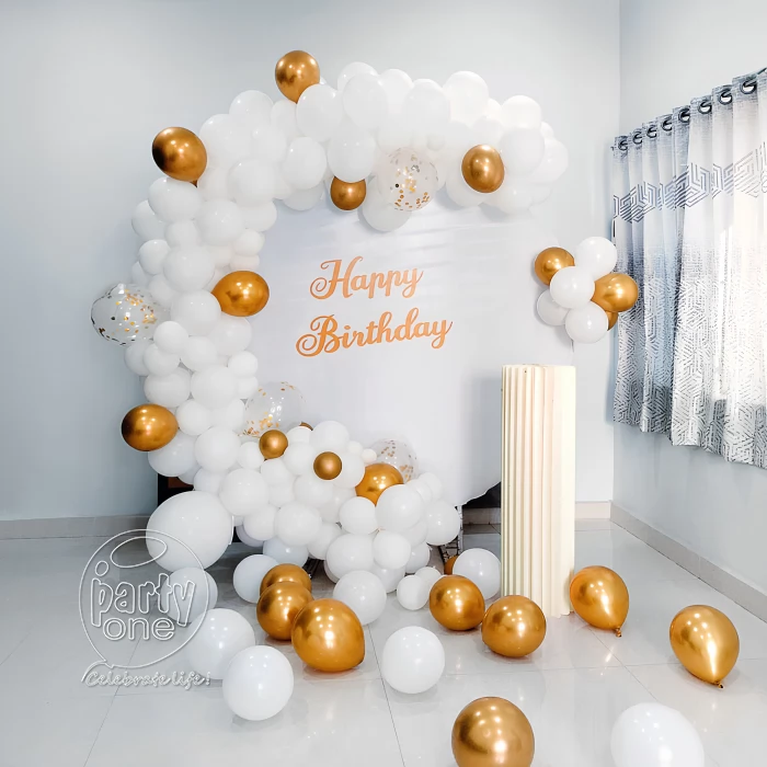 birthday Gold and White Birthday Balloon Decor